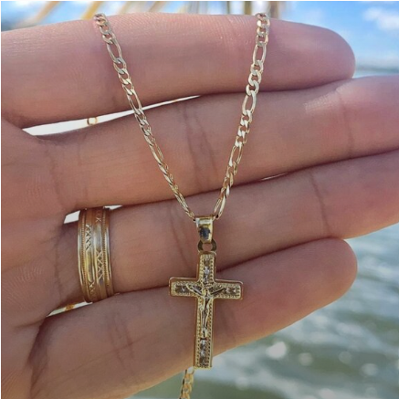 Jesus Christ Pendant Necklace Figaro Chain 14K Gold Filled Cadena de Oro Laminado Newborn Toddler Youth Adults