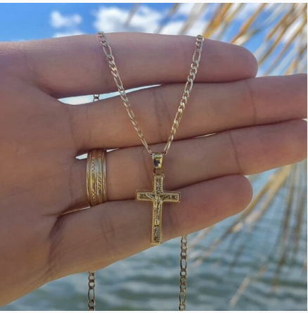 Jesus Christ Pendant Necklace Figaro Chain 14K Gold Filled Cadena de Oro Laminado Newborn Toddler Youth Adults