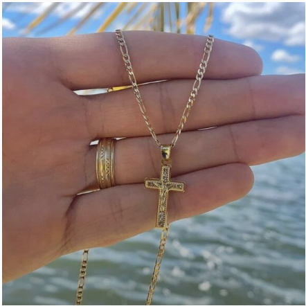 Jesus Christ Pendant Necklace Figaro Chain 14K Gold Filled Cadena de Oro Laminado Newborn Toddler Youth Adults