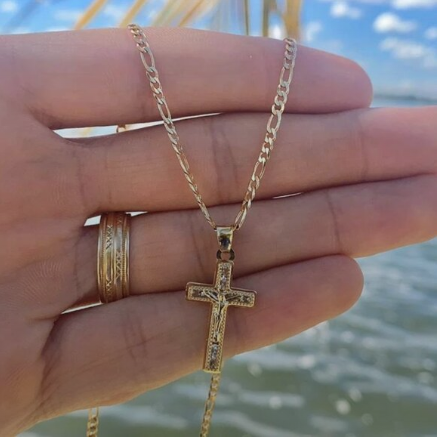 Jesus Christ Pendant Necklace Figaro Chain 14K Gold Filled Cadena de Oro Laminado Newborn Toddler Youth Adults