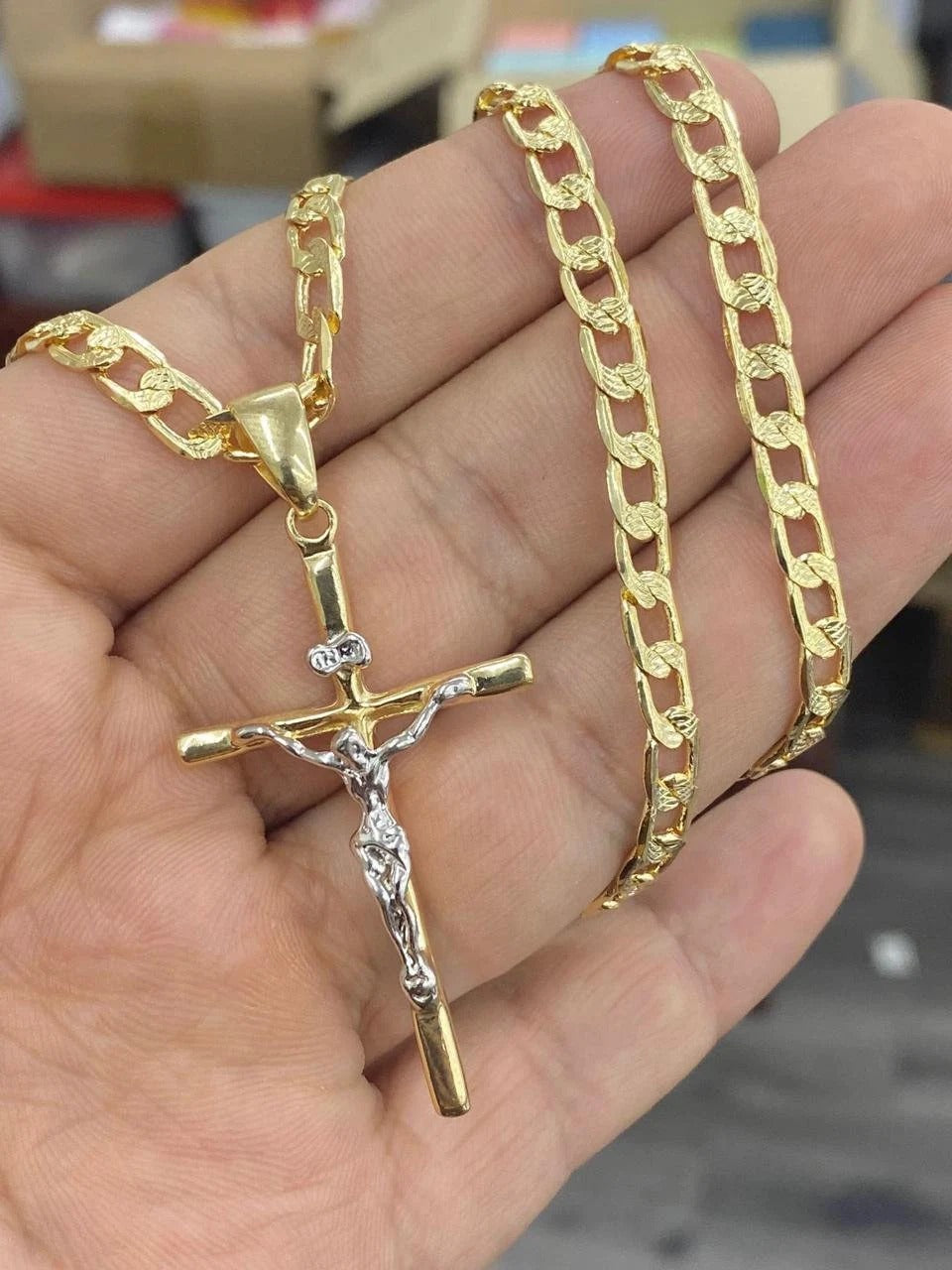 Big Cross Curb Chain Necklace 14K Pendant 24" Cadena de Cruz Jewelry Catholics For Mens