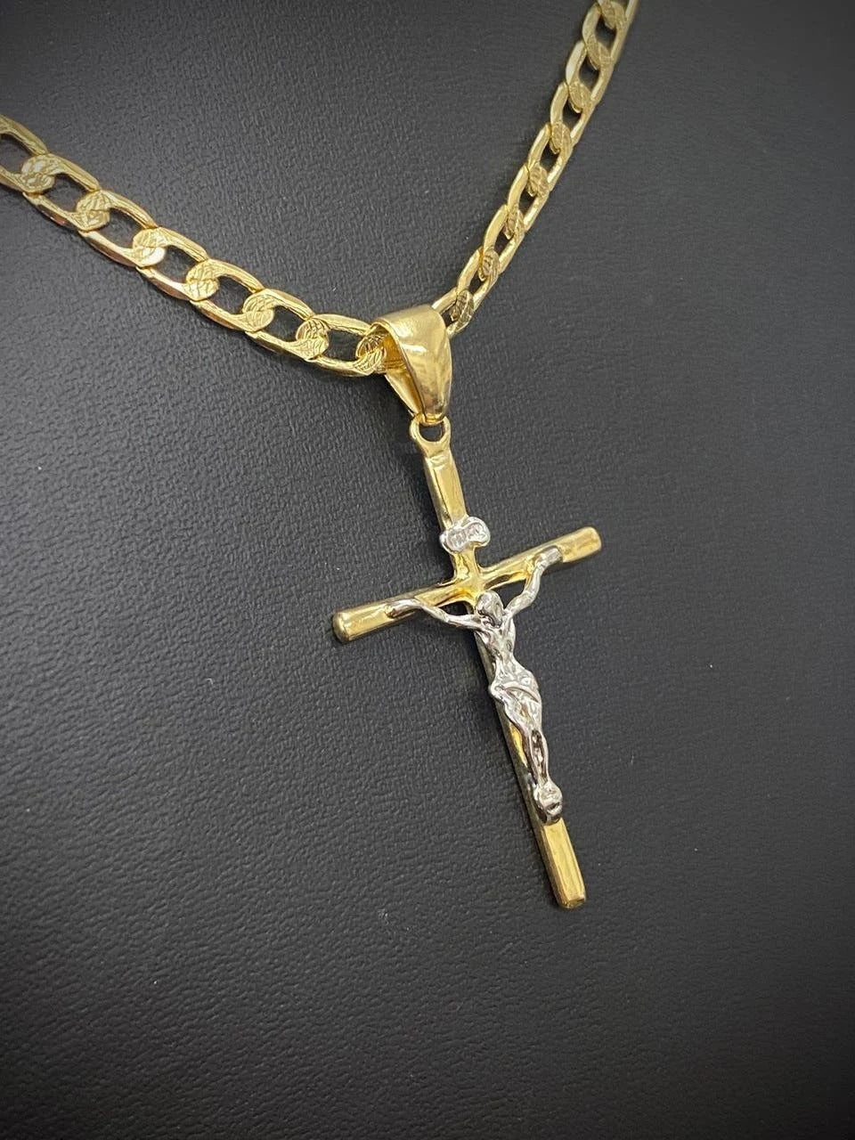 Big Cross Curb Chain Necklace 14K Pendant 24" Cadena de Cruz Jewelry Catholics For Mens