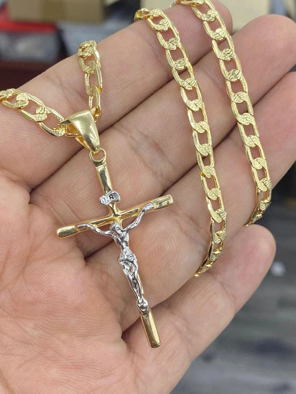 Big Cross Curb Chain Necklace 14K Pendant 24" Cadena de Cruz Jewelry Catholics For Mens