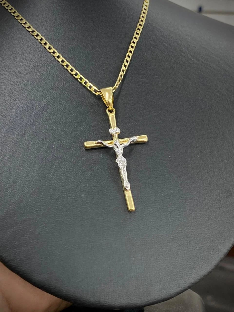 Jesus Necklace 14K Cross Two Tone Curb Chain 24" Gifts Religious Jewelry For Mens Adults