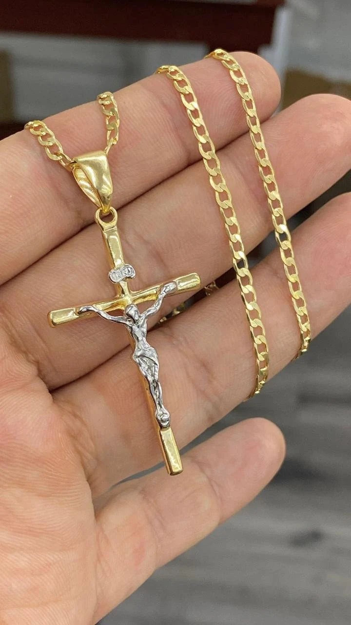 Jesus Necklace 14K Cross Two Tone Curb Chain 24" Gifts Religious Jewelry For Mens Adults