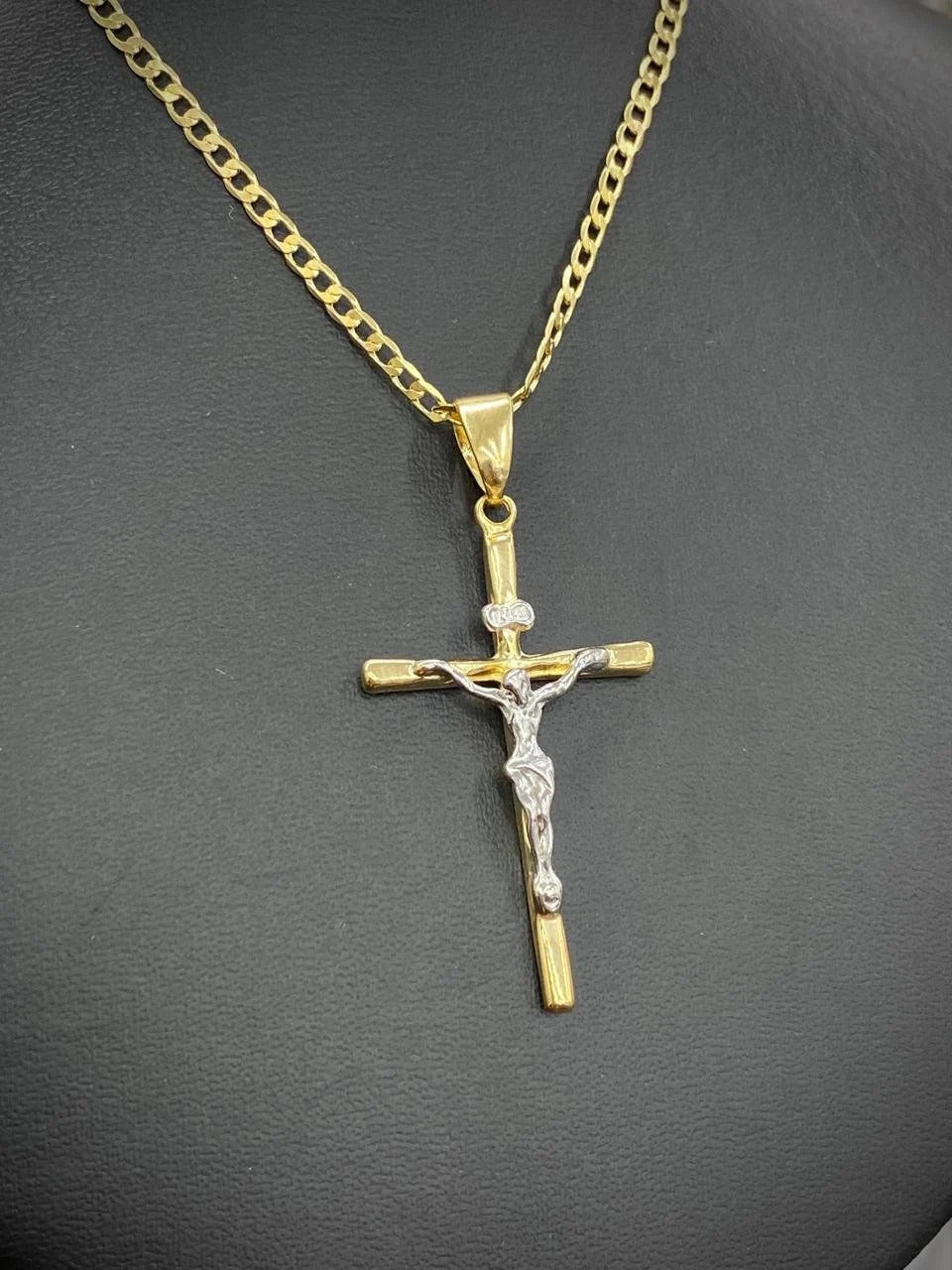 Jesus Necklace 14K Cross Two Tone Curb Chain 24" Gifts Religious Jewelry For Mens Adults