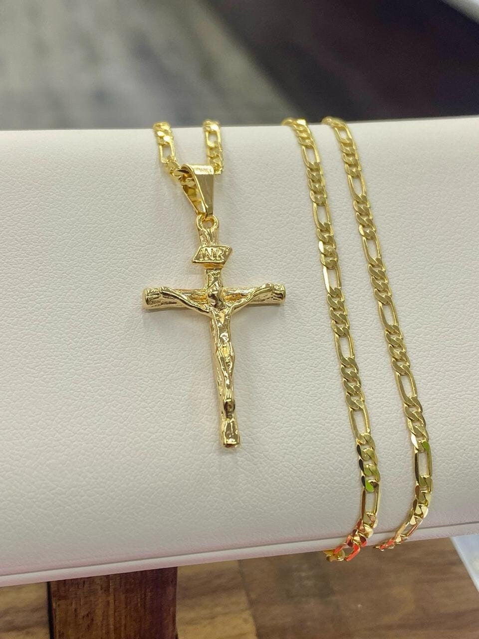 Rustic Cross 14K Figaro Chain GF Necklace Pendant 24" Gifts Catholics