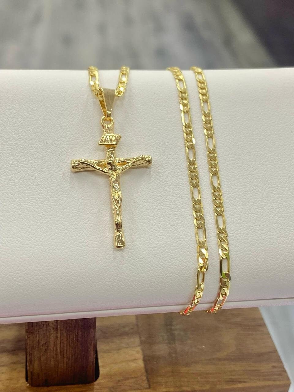 Rustic Cross 14K Figaro Chain GF Necklace Pendant 24" Gifts Catholics