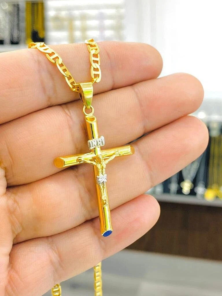 Crucifix Solid GF 14K Two Tone Necklace Mariner Chain Pendant Jewelry Catholics for adults