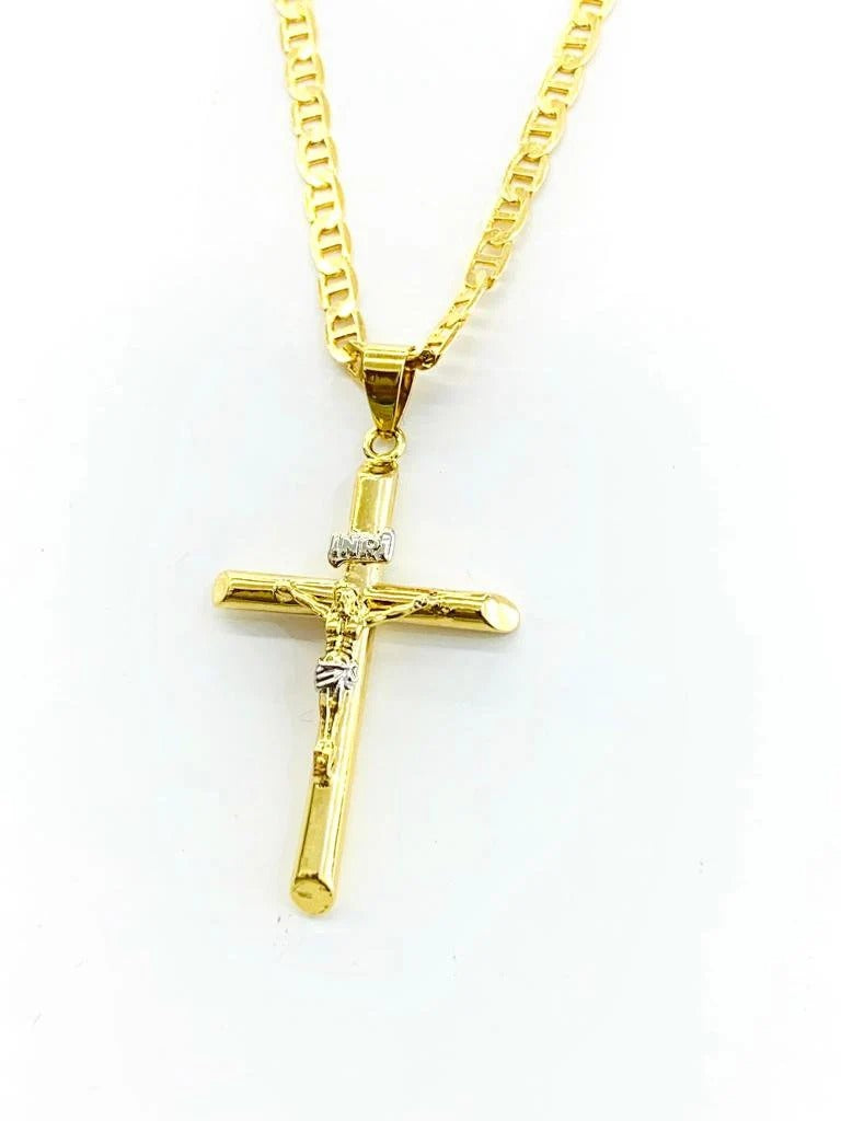 Crucifix Solid GF 14K Two Tone Necklace Mariner Chain Pendant Jewelry Catholics for adults