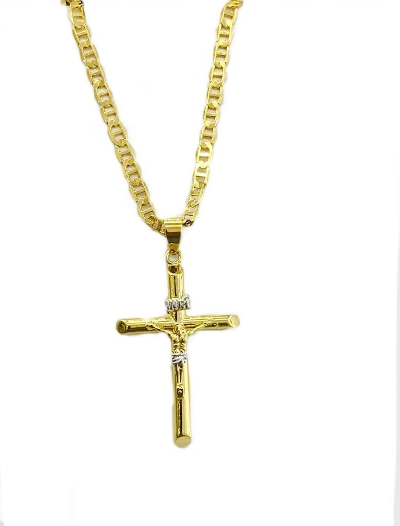 Crucifix Solid GF 14K Two Tone Necklace Mariner Chain Pendant Jewelry Catholics for adults