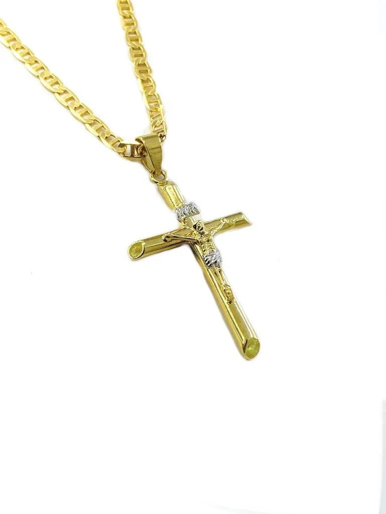 Crucifix Solid GF 14K Two Tone Necklace Mariner Chain Pendant Jewelry Catholics for adults