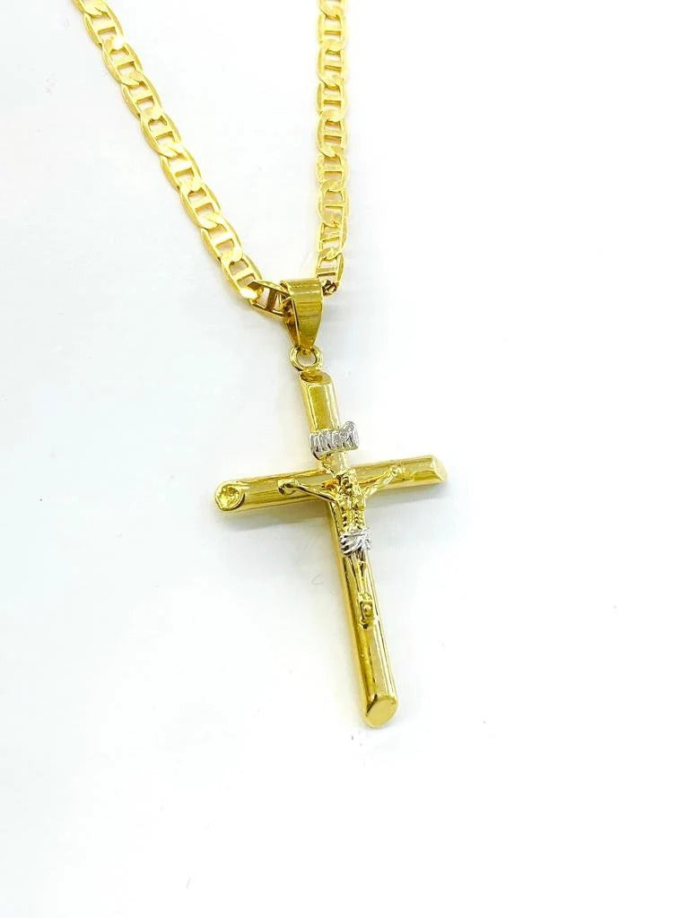 Crucifix Solid GF 14K Two Tone Necklace Mariner Chain Pendant Jewelry Catholics for adults