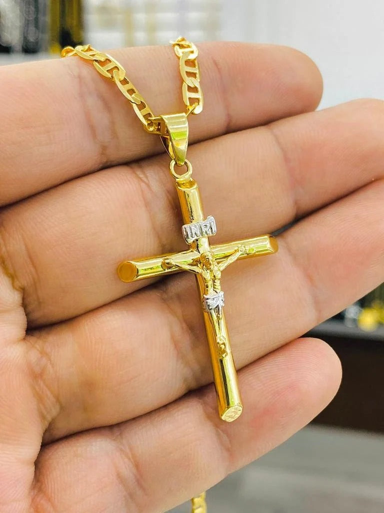 Crucifix Solid GF 14K Two Tone Necklace Mariner Chain Pendant Jewelry Catholics for adults