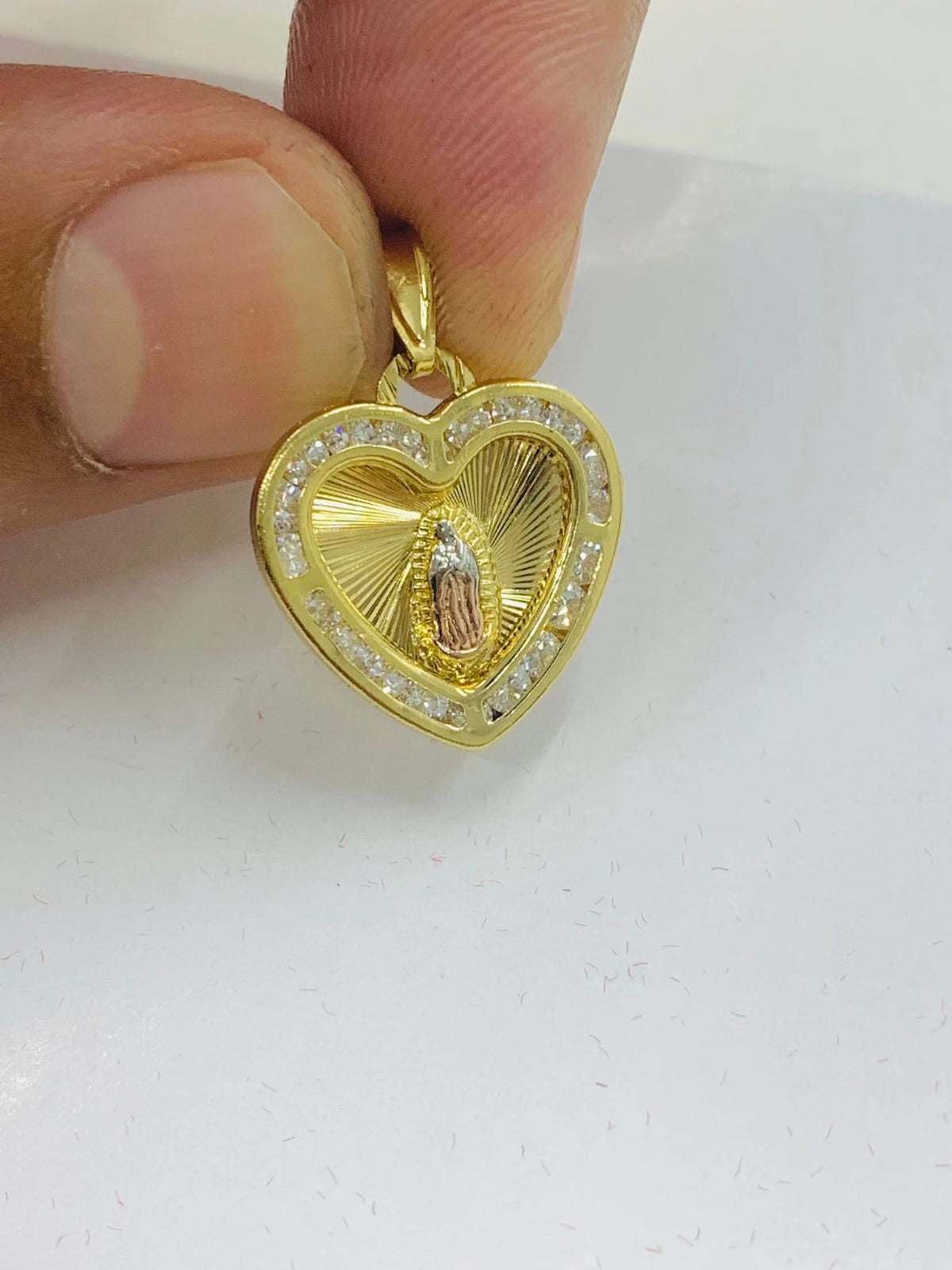 CZ Heart Virgen de Guadalupe Pendant Necklace Tri Color Figaro Chain 18"  Dije Guadalupe Tres Oros