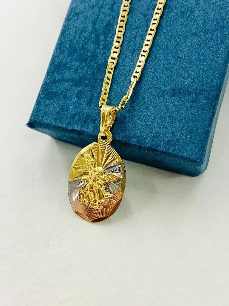 Saint Michael 14K Archangel Necklace Tri Color GF Pendant 22x14 Jewelry Religious Gifts For Toddler Youth and Adults