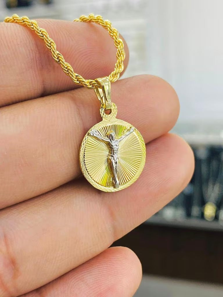 Jesus Crist Rope Chain Round Pendant Necklace 14K GF Jeweçry Elegance Daily for Youth and Adults