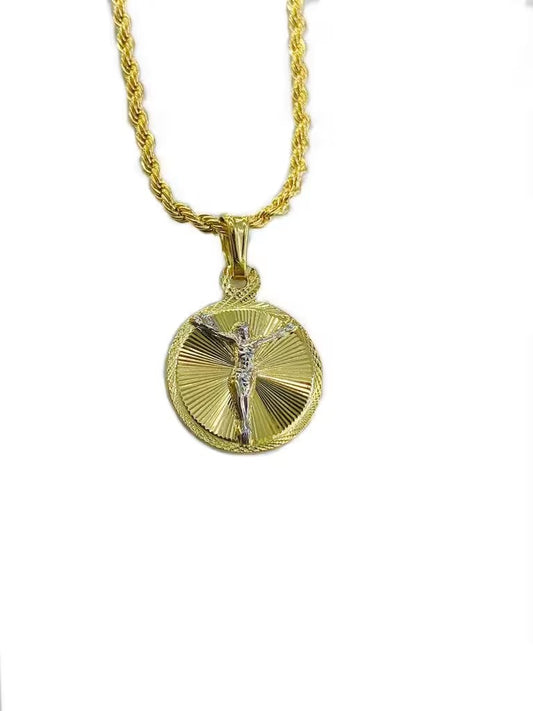 Jesus Crist Rope Chain Round Pendant Necklace 14K GF Jeweçry Elegance Daily for Youth and Adults