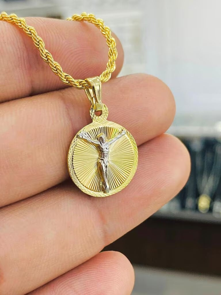 Jesus Crist Rope Chain Round Pendant Necklace 14K GF Jeweçry Elegance Daily for Youth and Adults