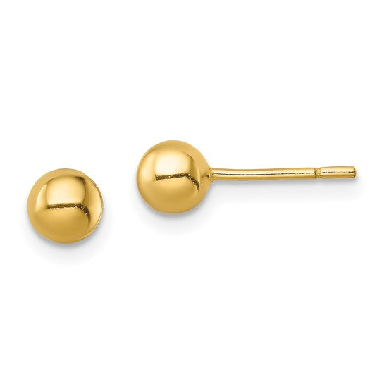 14K Yellow Gold Ball Stud Earrings Push Back for Mens and Womens Kids Adults 3mm to 7 mm