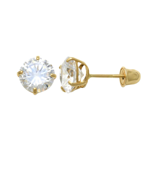 14K Yellow Gold CZ Stud Earrings Screw Back for Kids Womens and Mens Gifts