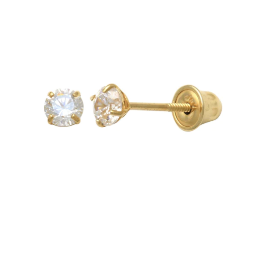 14K Yellow Gold CZ Stud Earrings Screw Back for Kids Womens and Mens Gifts