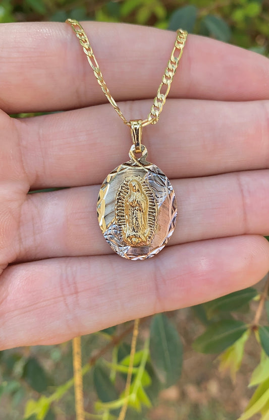 Tri Color Virgen de Guadalupe Necklace 20" 14K Gold Filled Womens Girls Ladies