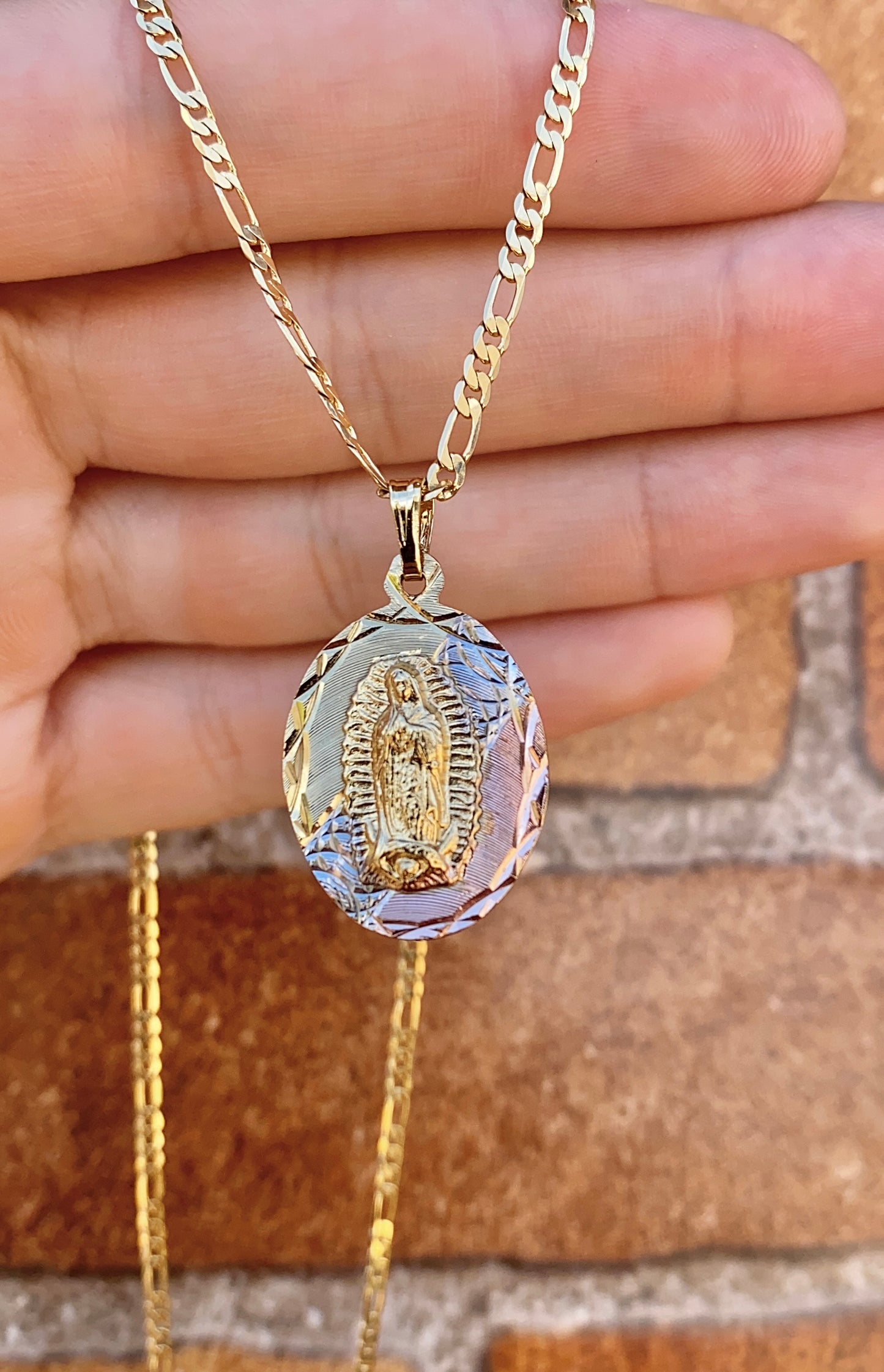 Tri Color Virgen de Guadalupe Necklace 20" 14K Gold Filled Womens Girls Ladies