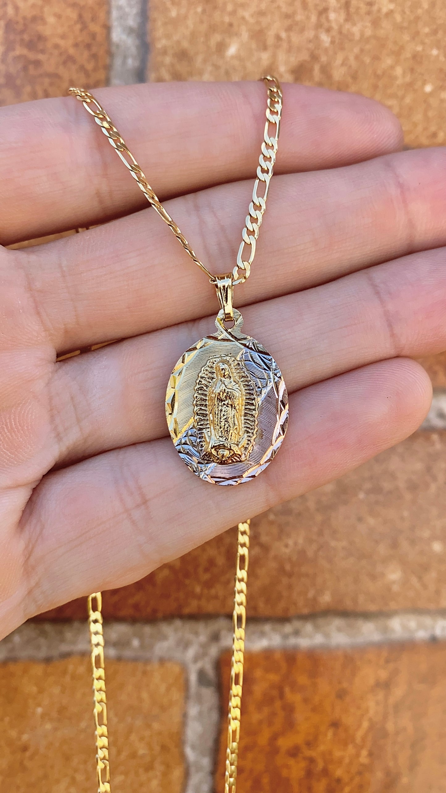 Tri Color Virgen de Guadalupe Necklace 20" 14K Gold Filled Womens Girls Ladies