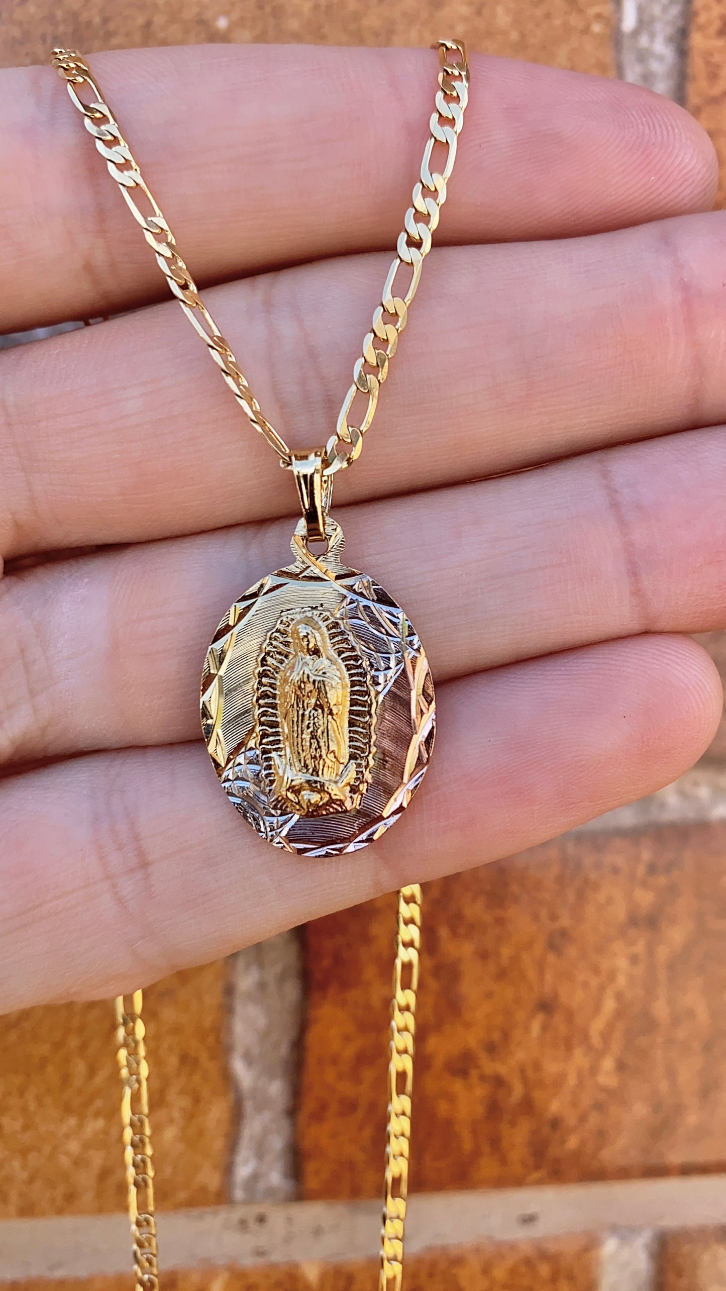 Tri Color Virgen de Guadalupe Necklace 20" 14K Gold Filled Womens Girls Ladies