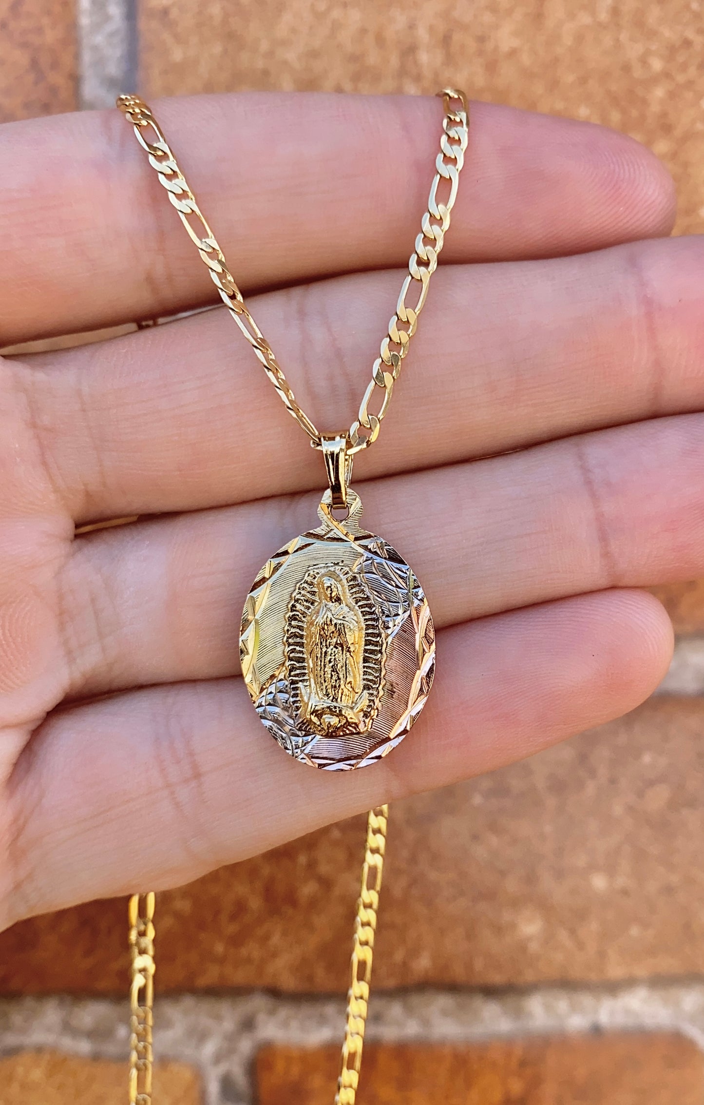 Tri Color Virgen de Guadalupe Necklace 20" 14K Gold Filled Womens Girls Ladies