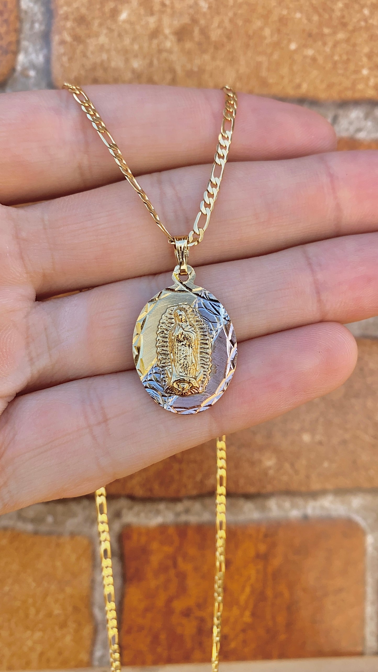 Tri Color Virgen de Guadalupe Necklace 20" 14K Gold Filled Womens Girls Ladies