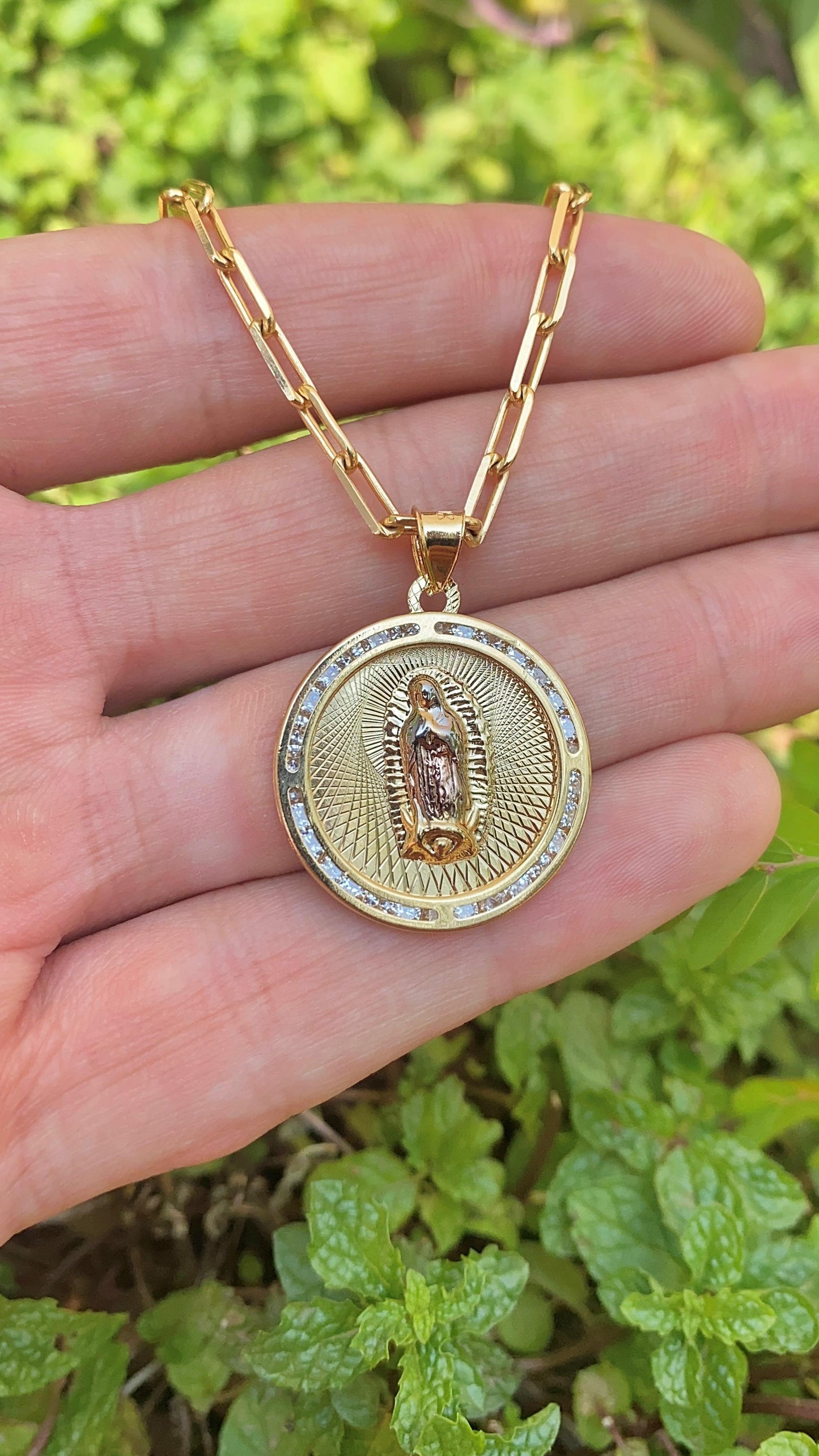 Virgencita de Guadalupe Necklace Paper Clip Chain 14K Gold Filled Toddler Youth Womens and Mens