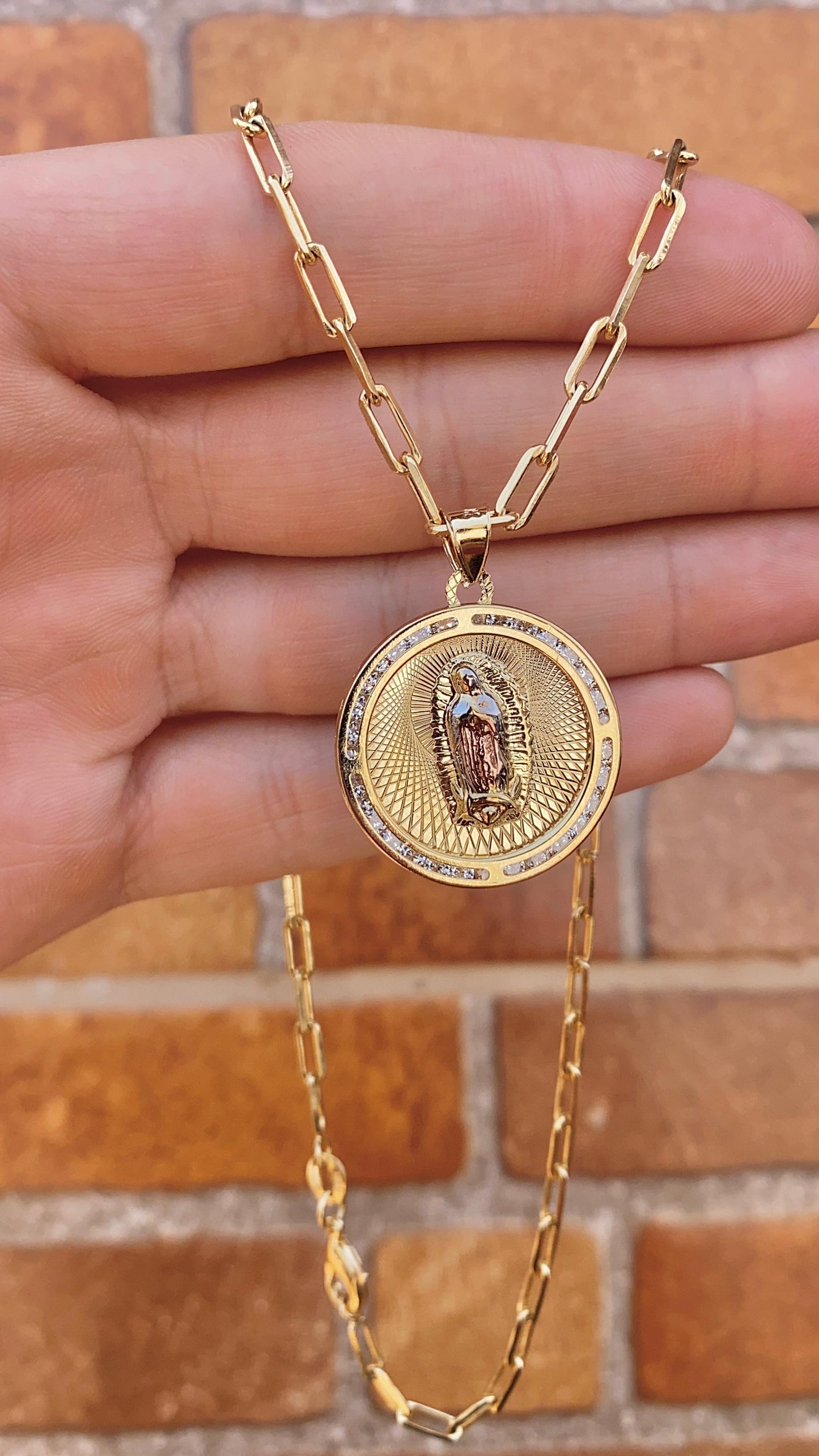 Virgencita de Guadalupe Necklace Paper Clip Chain 14K Gold Filled Toddler Youth Womens and Mens