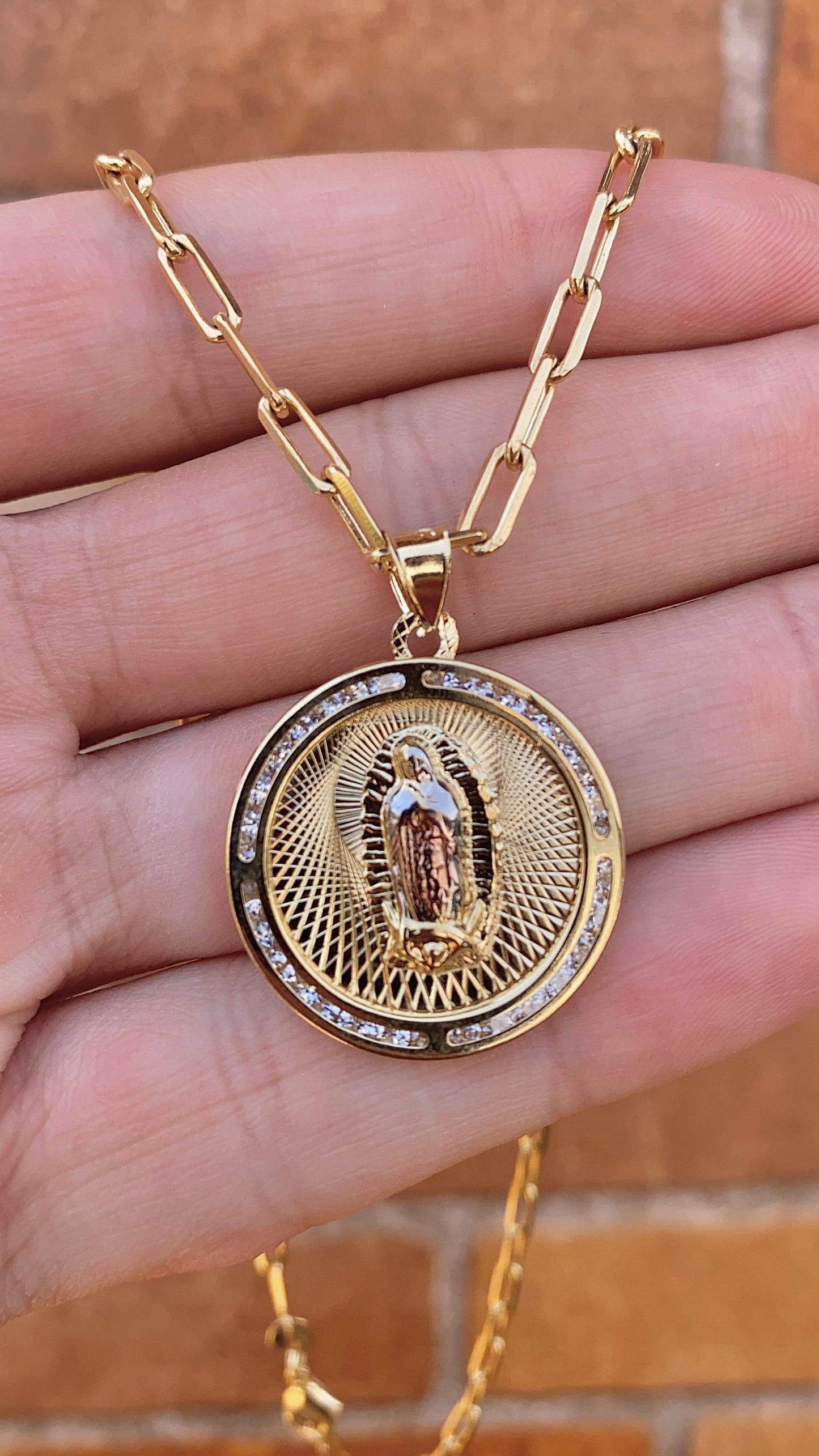 Virgencita de Guadalupe Necklace Paper Clip Chain 14K Gold Filled Toddler Youth Womens and Mens