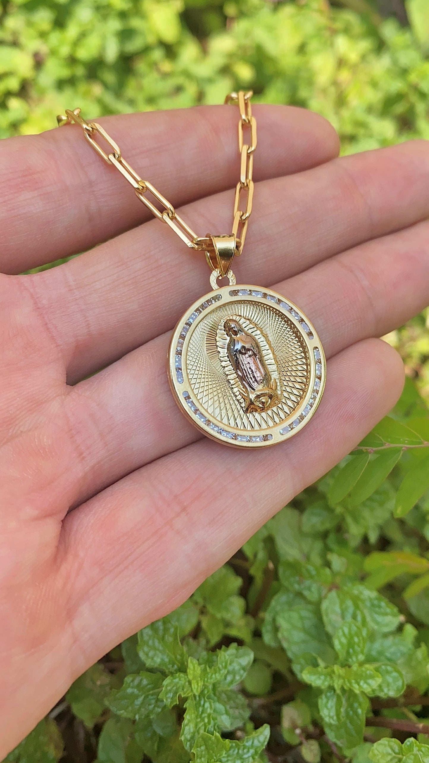 Virgencita de Guadalupe Necklace Paper Clip Chain 14K Gold Filled Toddler Youth Womens and Mens