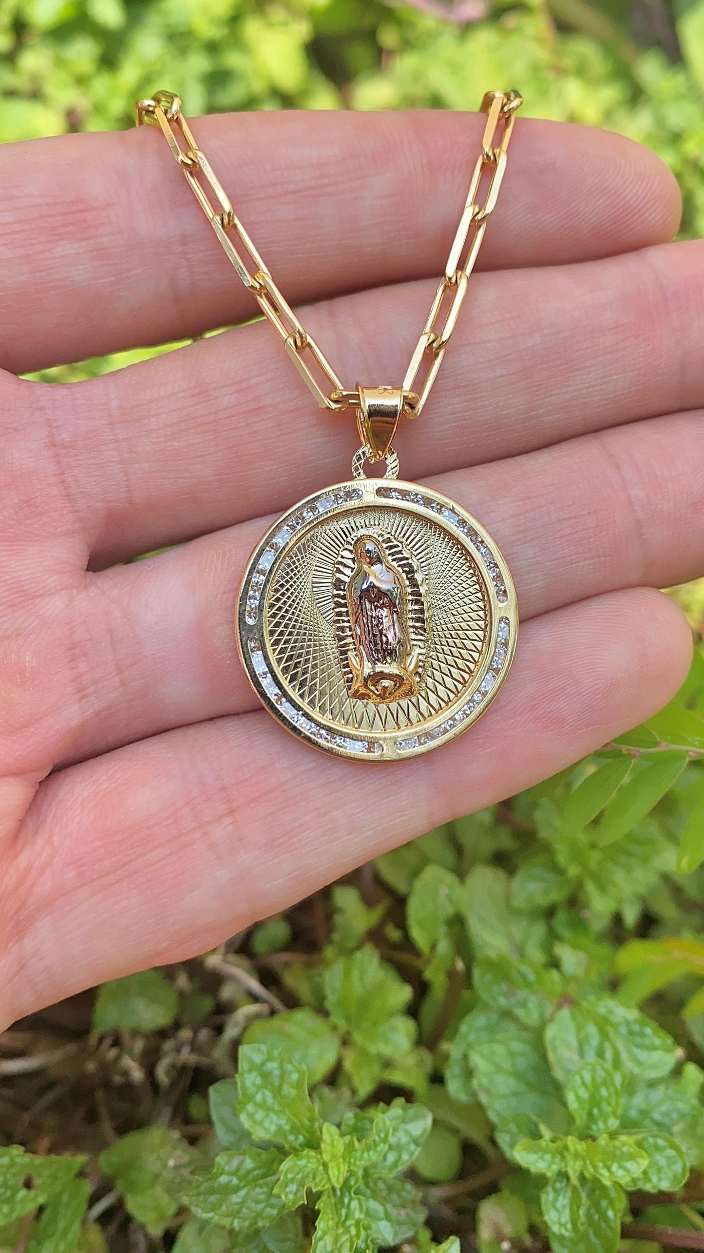 Virgencita de Guadalupe Necklace Paper Clip Chain 14K Gold Filled Toddler Youth Womens and Mens