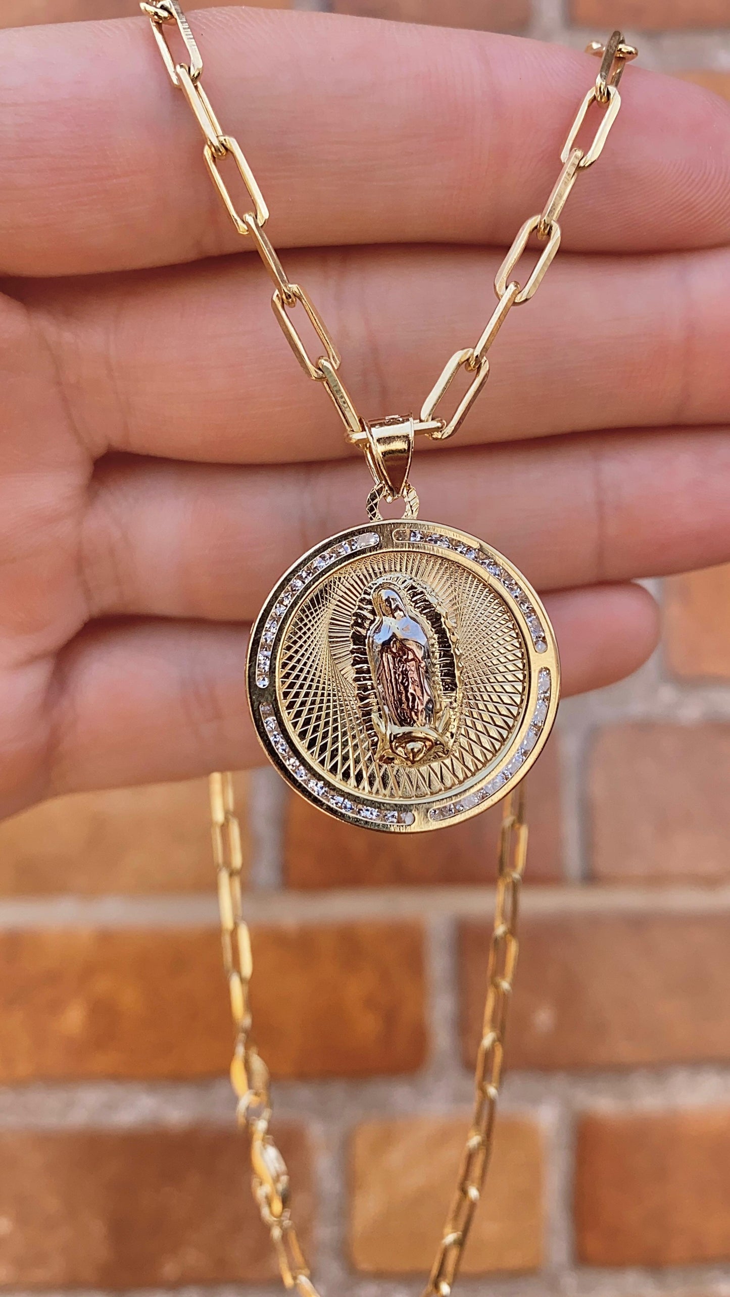 Virgencita de Guadalupe Necklace Paper Clip Chain 14K Gold Filled Toddler Youth Womens and Mens