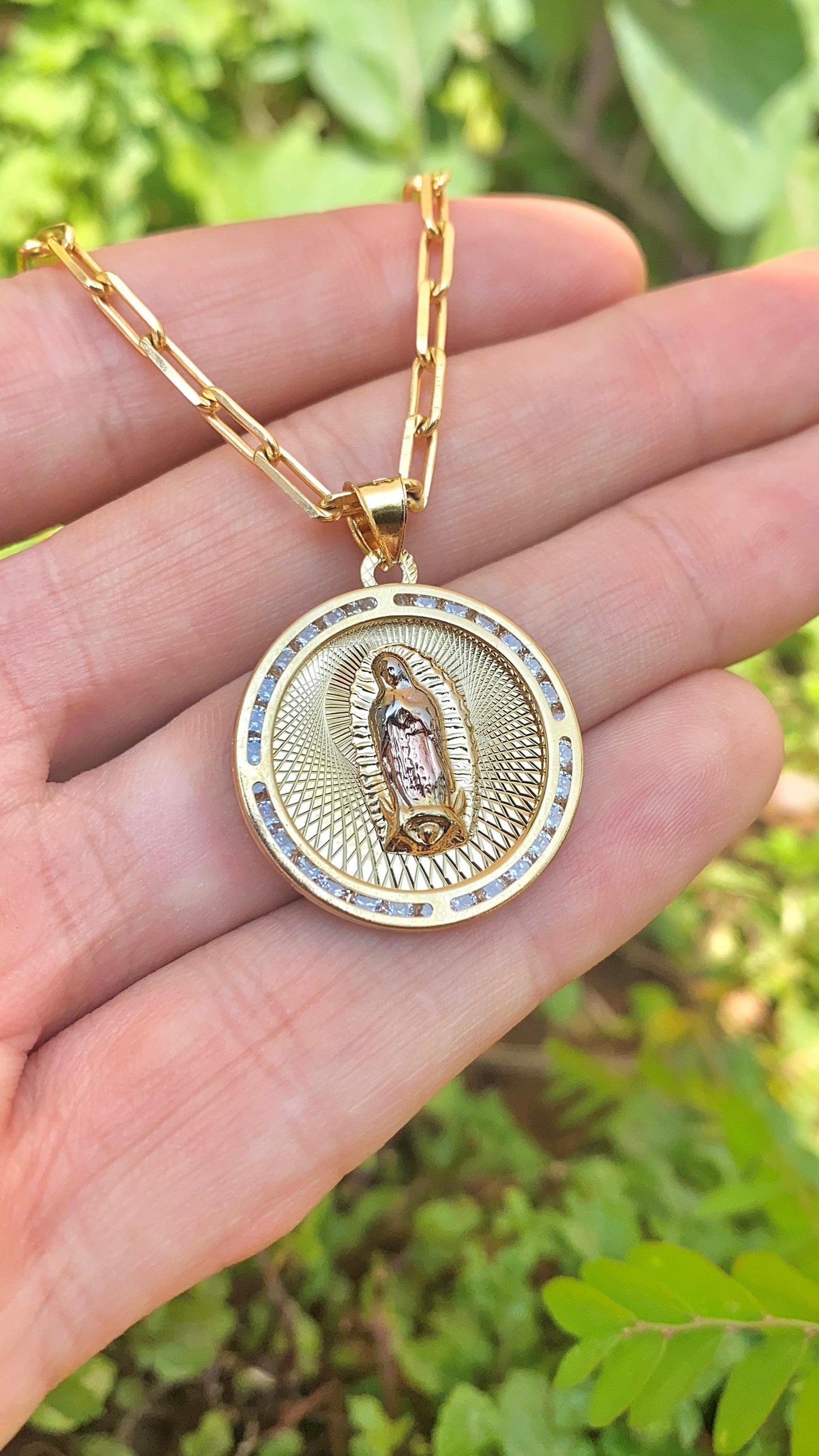 Virgencita de Guadalupe Necklace Paper Clip Chain 14K Gold Filled Toddler Youth Womens and Mens