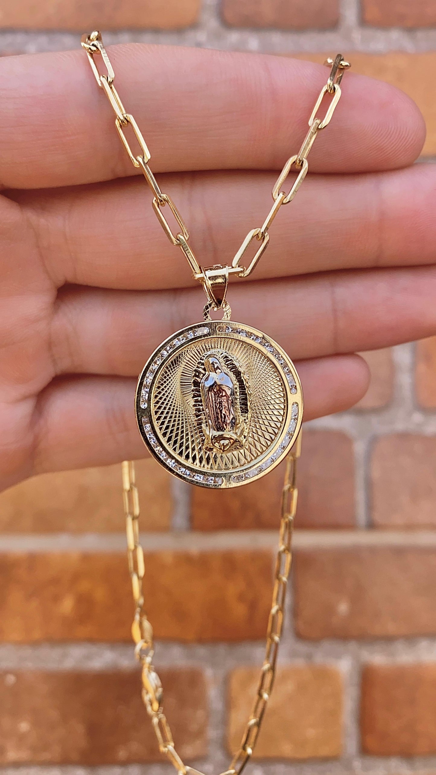 Virgencita de Guadalupe Necklace Paper Clip Chain 14K Gold Filled Toddler Youth Womens and Mens