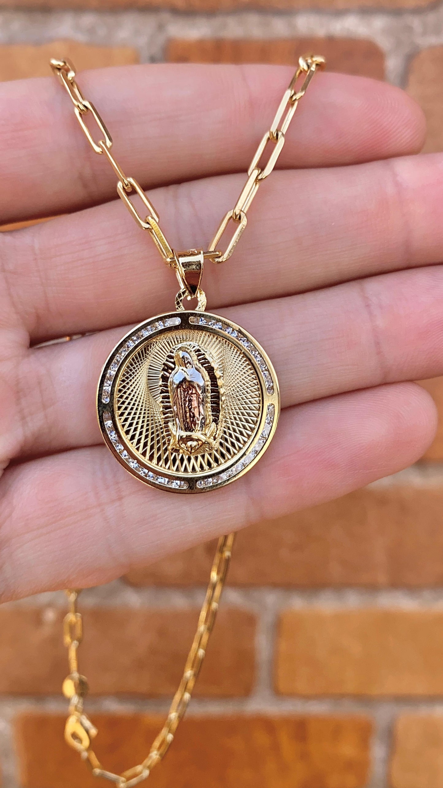 Virgencita de Guadalupe Necklace Paper Clip Chain 14K Gold Filled Toddler Youth Womens and Mens