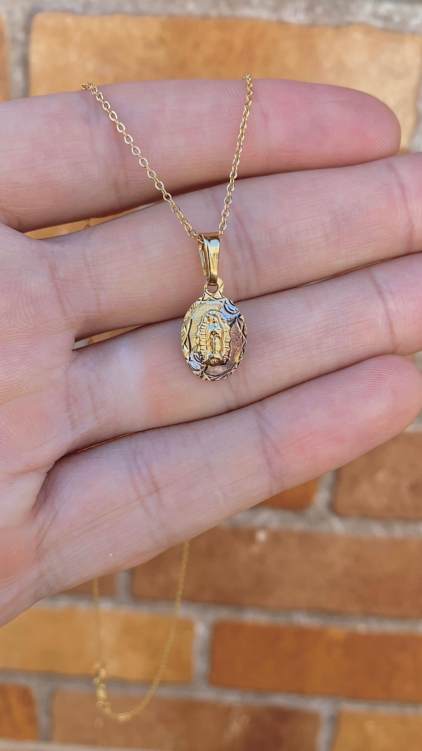 Our Lady Of Guadalupe Necklace 17" Cable Chain 18K Gold Filled Children Cadena de Oro Laminado para Bebes