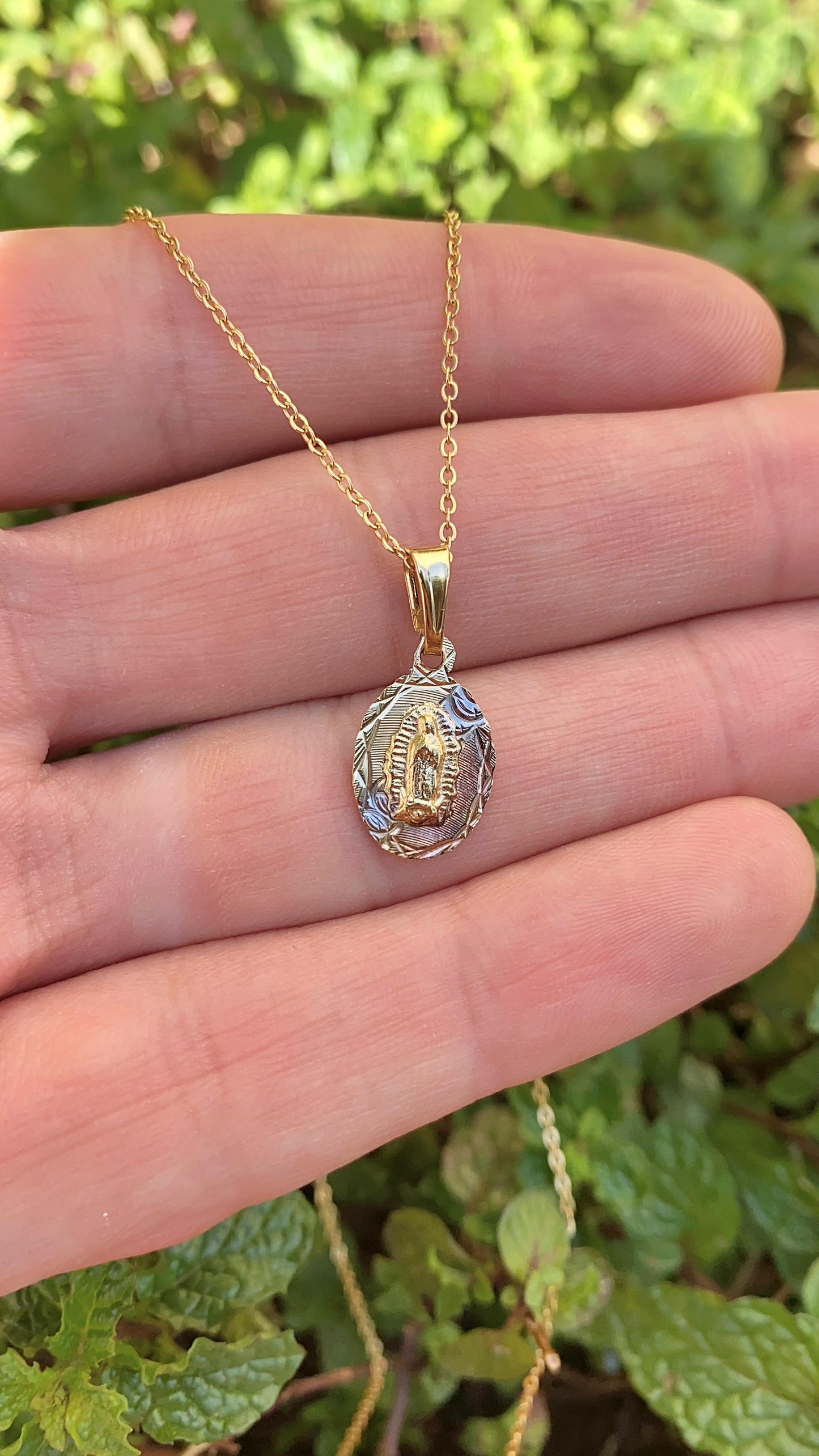 Our Lady Of Guadalupe Necklace 17" Cable Chain 18K Gold Filled Children Cadena de Oro Laminado para Bebes