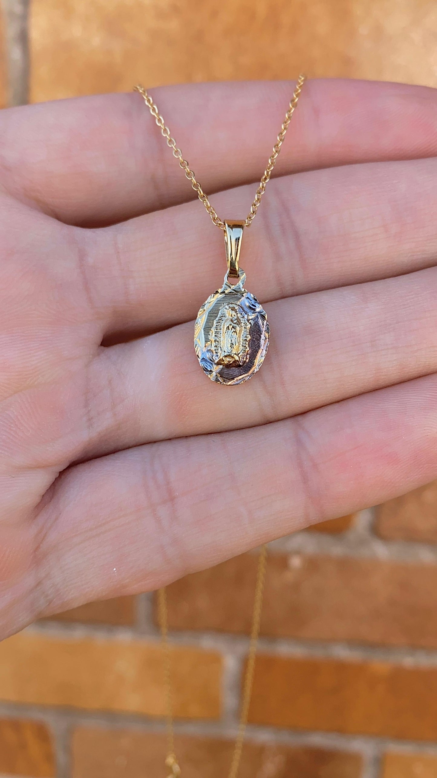 Our Lady Of Guadalupe Necklace 17" Cable Chain 18K Gold Filled Children Cadena de Oro Laminado para Bebes