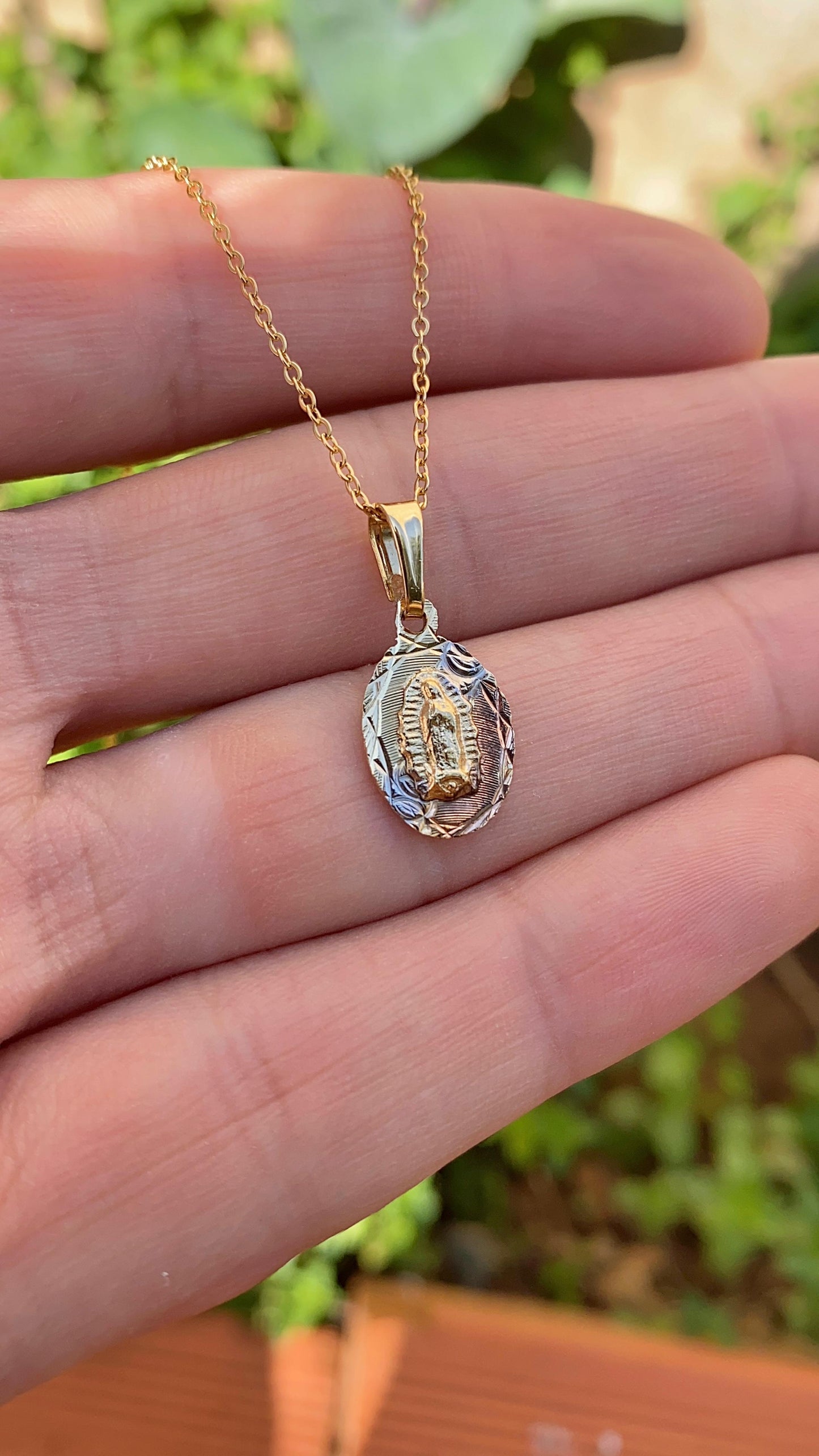 Our Lady Of Guadalupe Necklace 17" Cable Chain 18K Gold Filled Children Cadena de Oro Laminado para Bebes