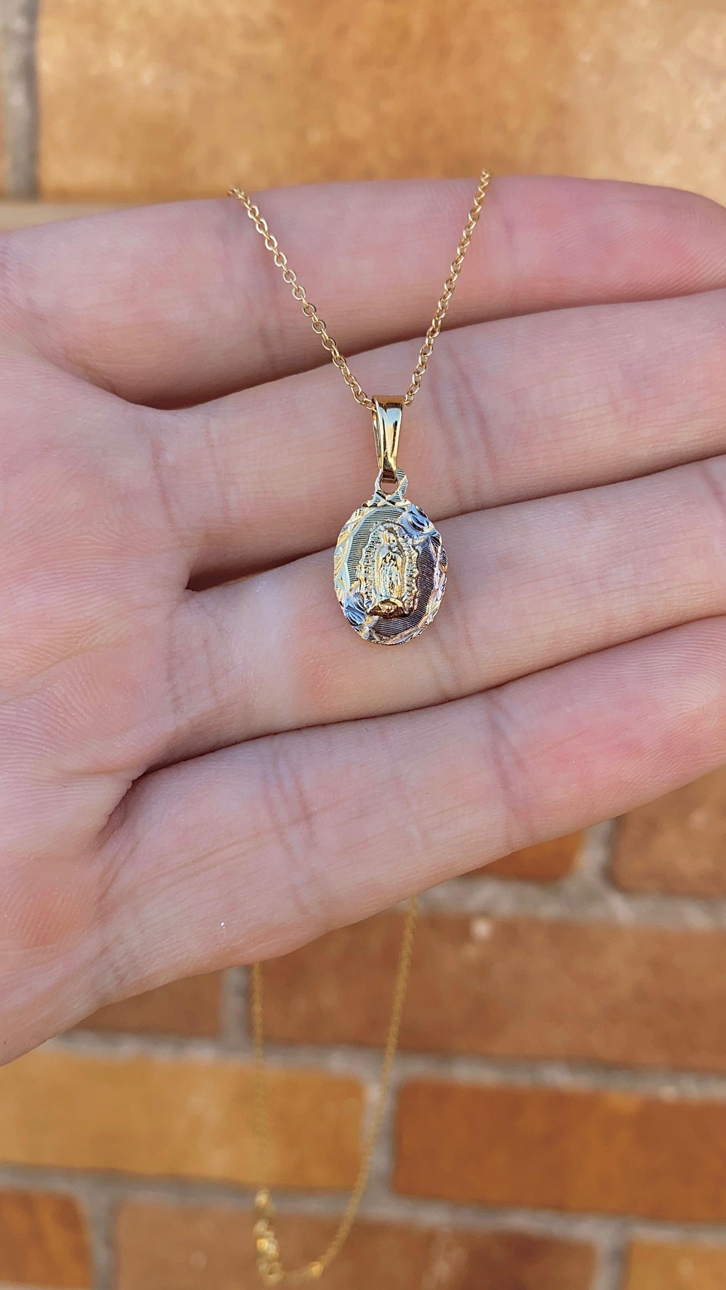 Our Lady Of Guadalupe Necklace 17" Cable Chain 18K Gold Filled Children Cadena de Oro Laminado para Bebes