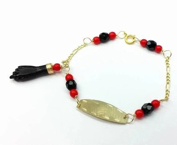 Pulsera de identificación de bebé de oro macizo de 10 quilates, abalorio de azabache, protección de buena suerte para niños y niñas de 5.0 in