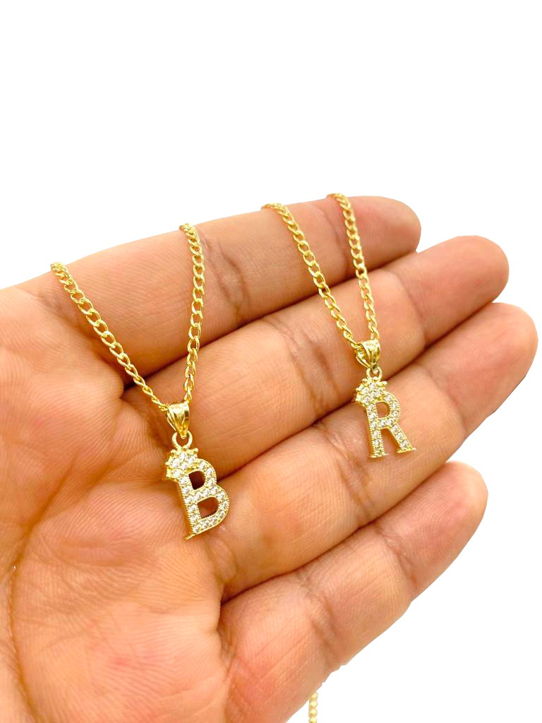 14K Yellow Gold CZ Initials Letters Pendant Necklace Cuban Chain Baby Gilrs Boys Nameplate