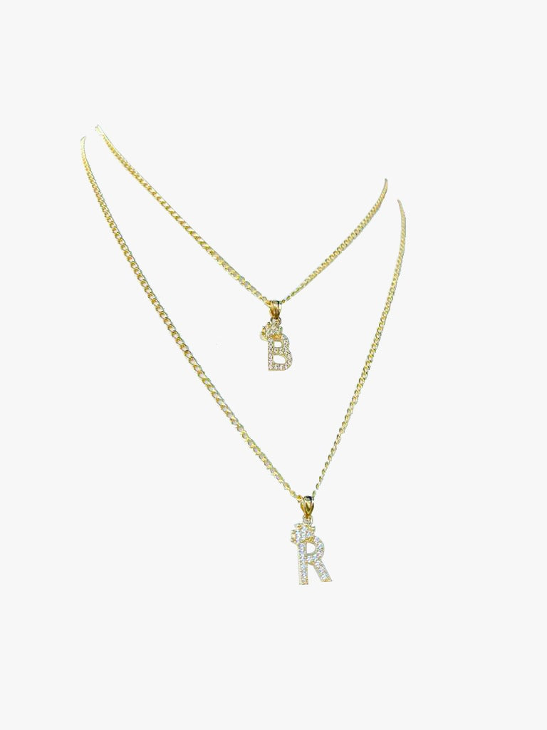 14K Yellow Gold CZ Initials Letters Pendant Necklace Cuban Chain Baby Gilrs Boys Nameplate