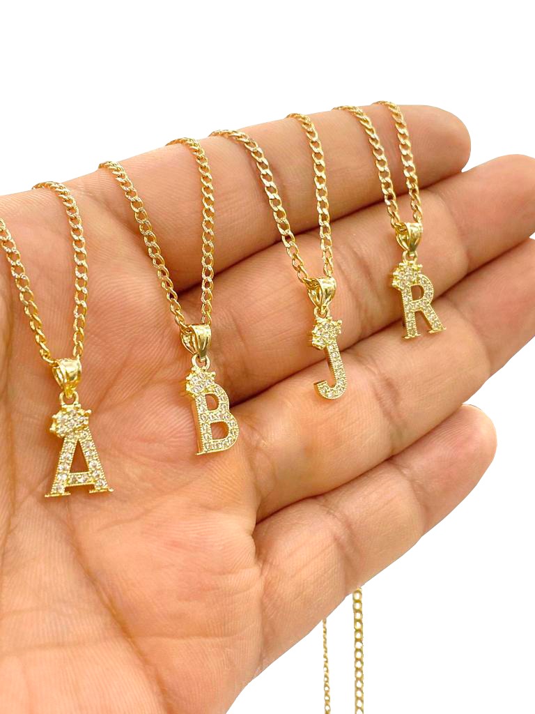 14K Yellow Gold CZ Initials Letters Pendant Necklace Cuban Chain Baby Gilrs Boys Nameplate